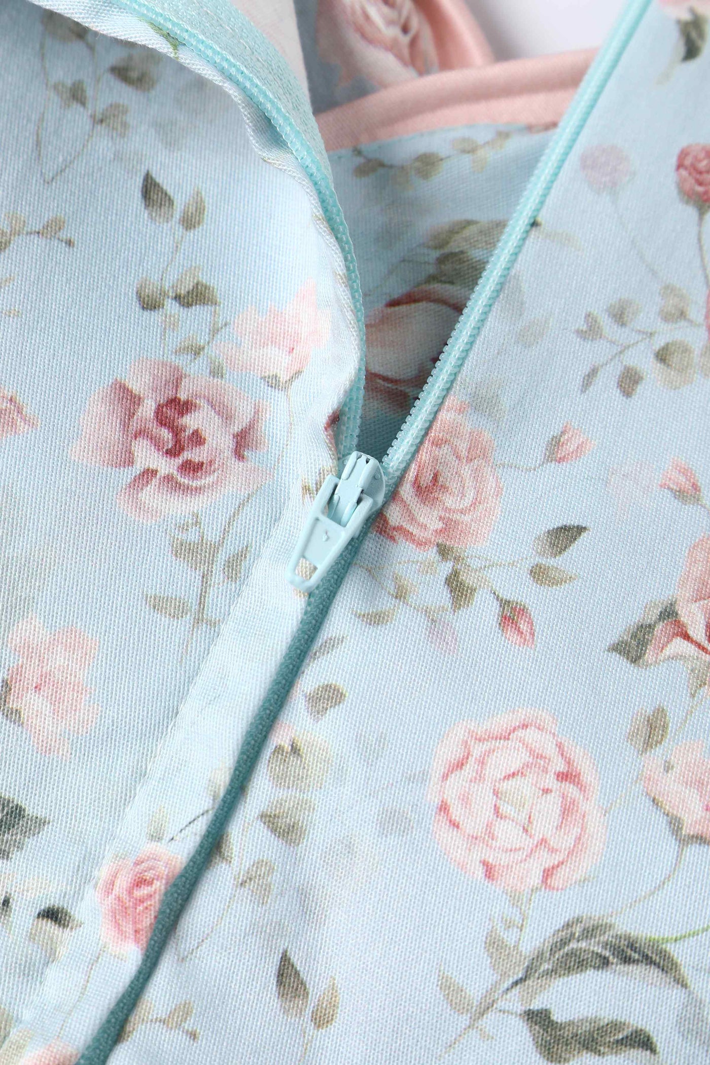 Close up  View of Rose Pleated Bust Dress in Powder Blue and Pink