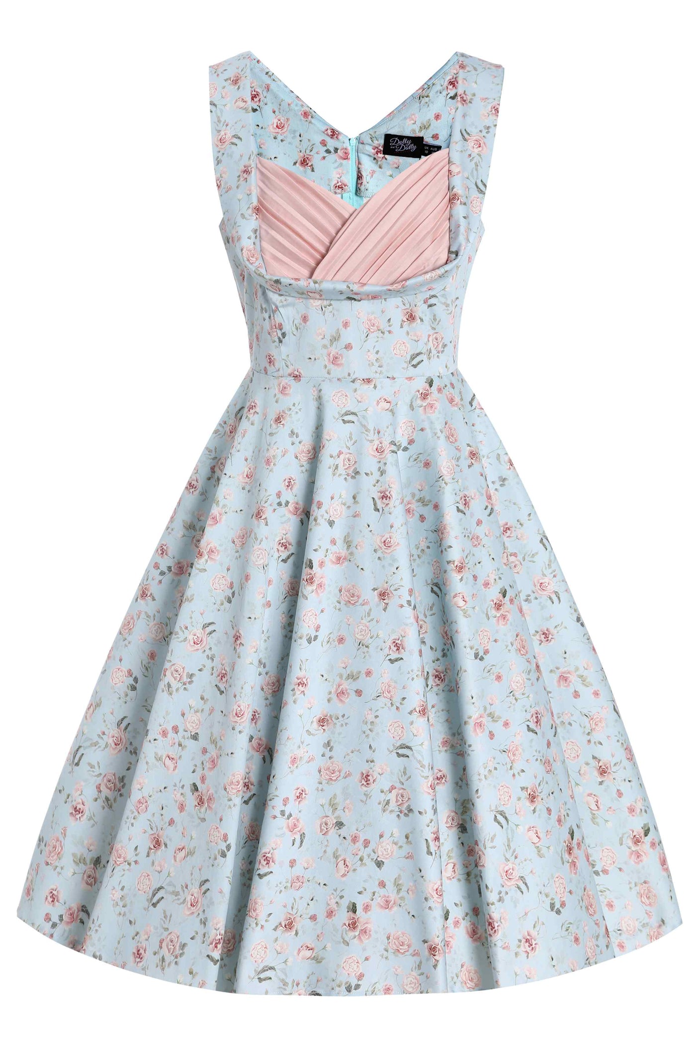 Front View of Rose Pleated Bust Dress in Powder Blue and Pink