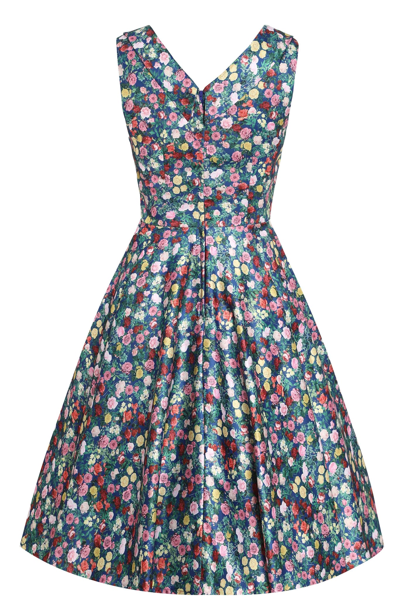 Back view of Rose Print Pleated Bust Dress in Navy Blue