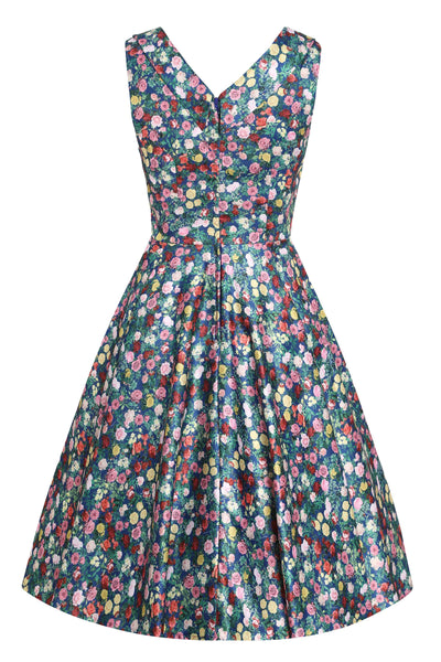 Back view of Rose Print Pleated Bust Dress in Navy Blue