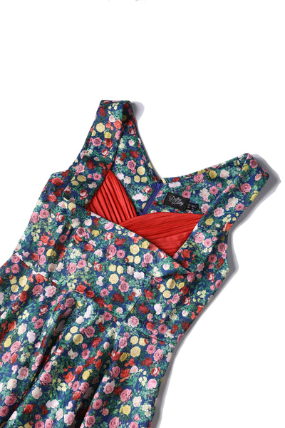 Close up view of Rose Print Pleated Bust Dress in Navy Blue