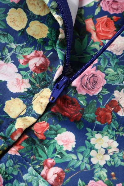 Close up view of Rose Print Pleated Bust Dress in Navy Blue