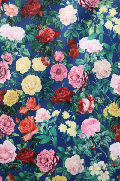 Close up view of Rose Print Pleated Bust Dress in Navy Blue