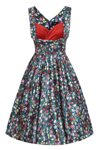 Front view of Rose Print Pleated Bust Dress in Navy Blue