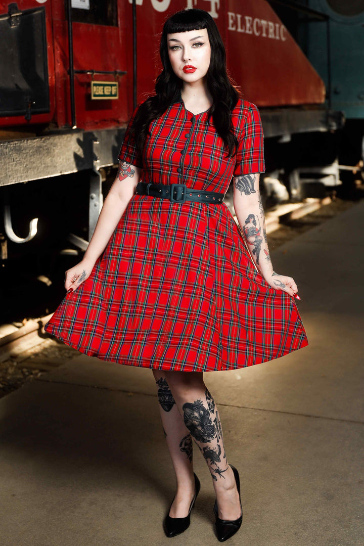 strapless open back dress Retro red tartan plaid swing dress – The Frockery main image 1