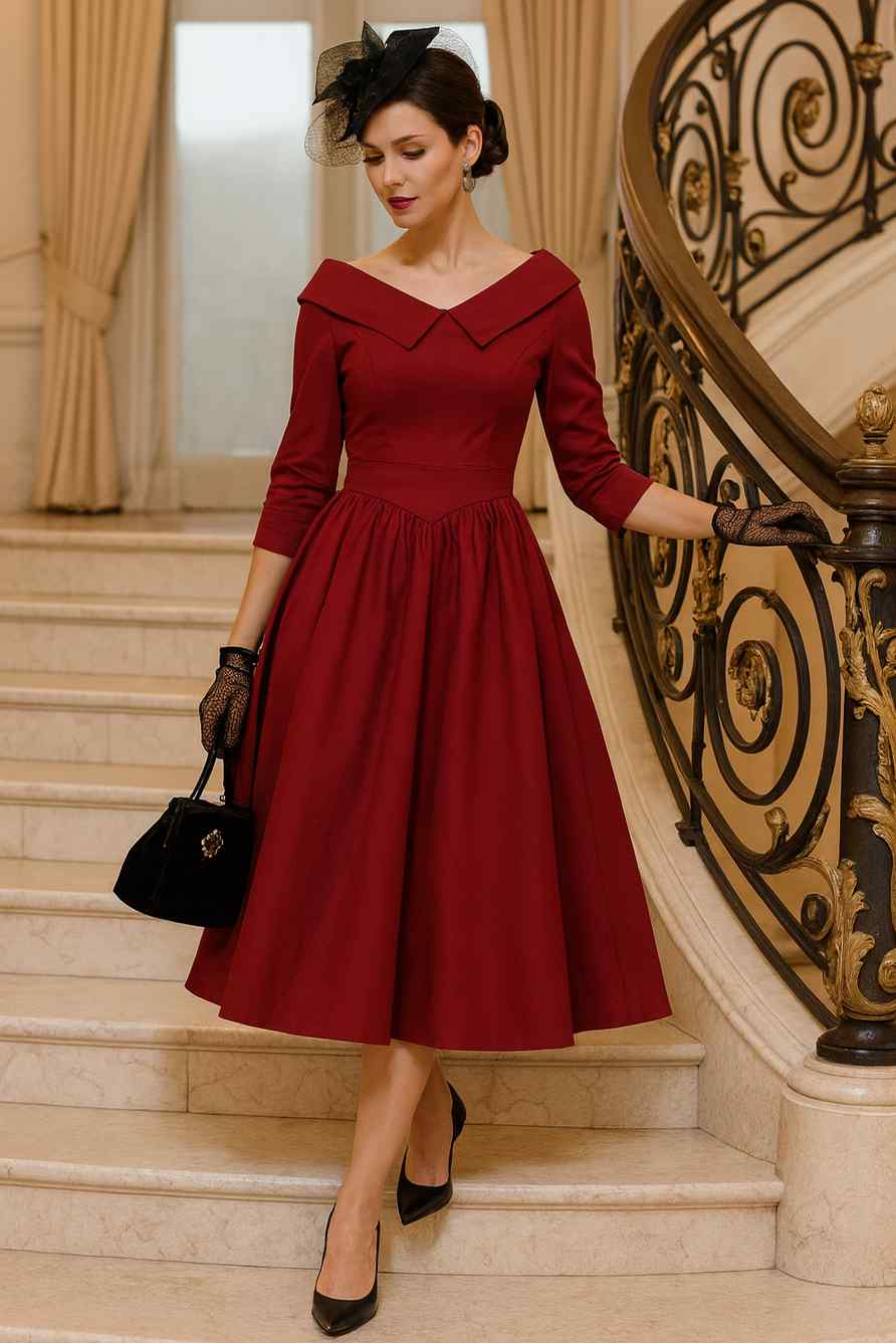 A woman wearing a Ruth Burgundy Retro Long Sleeved Dress