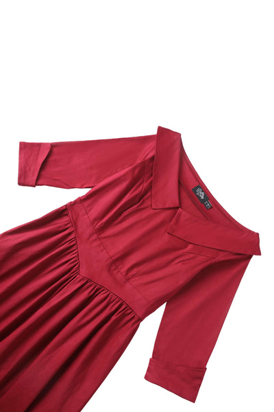 Close up view of Ruth Burgundy Retro Long Sleeved Dress