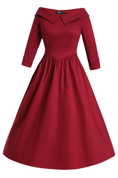 Front view of Ruth Burgundy Retro Long Sleeved Dress