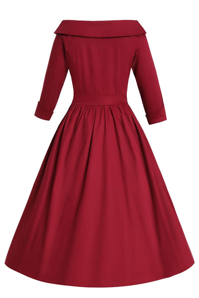 Back view of Ruth Burgundy Retro Long Sleeved Dress