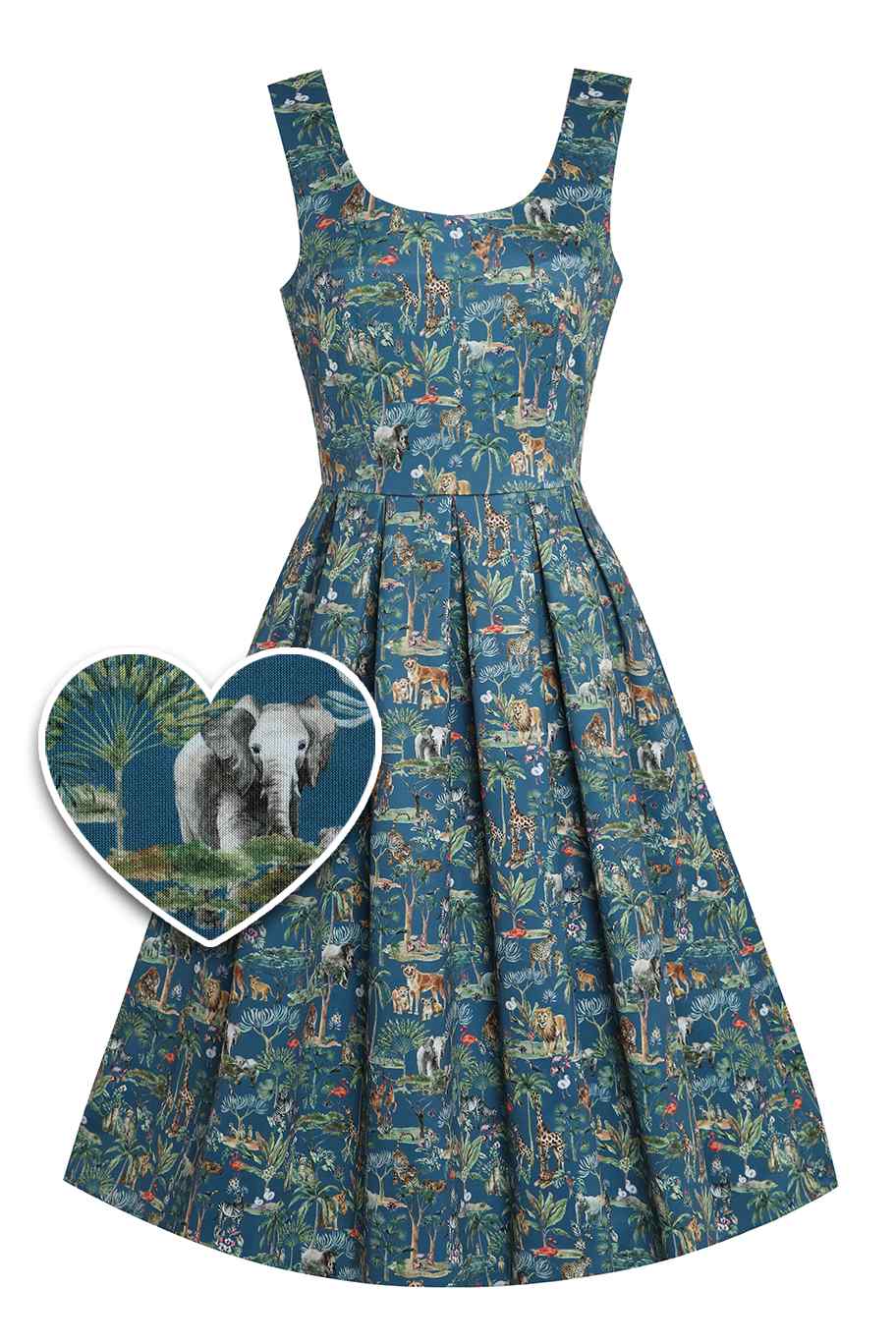 Front view of Safari Animal Blue Box Pleated Dress