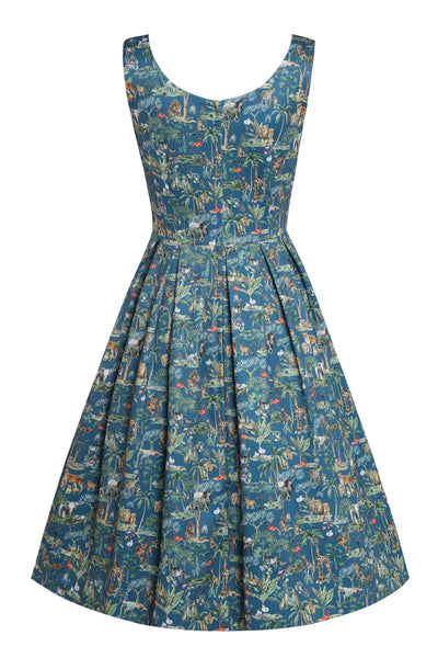 Back view of Safari Animal Blue Box Pleated Dress