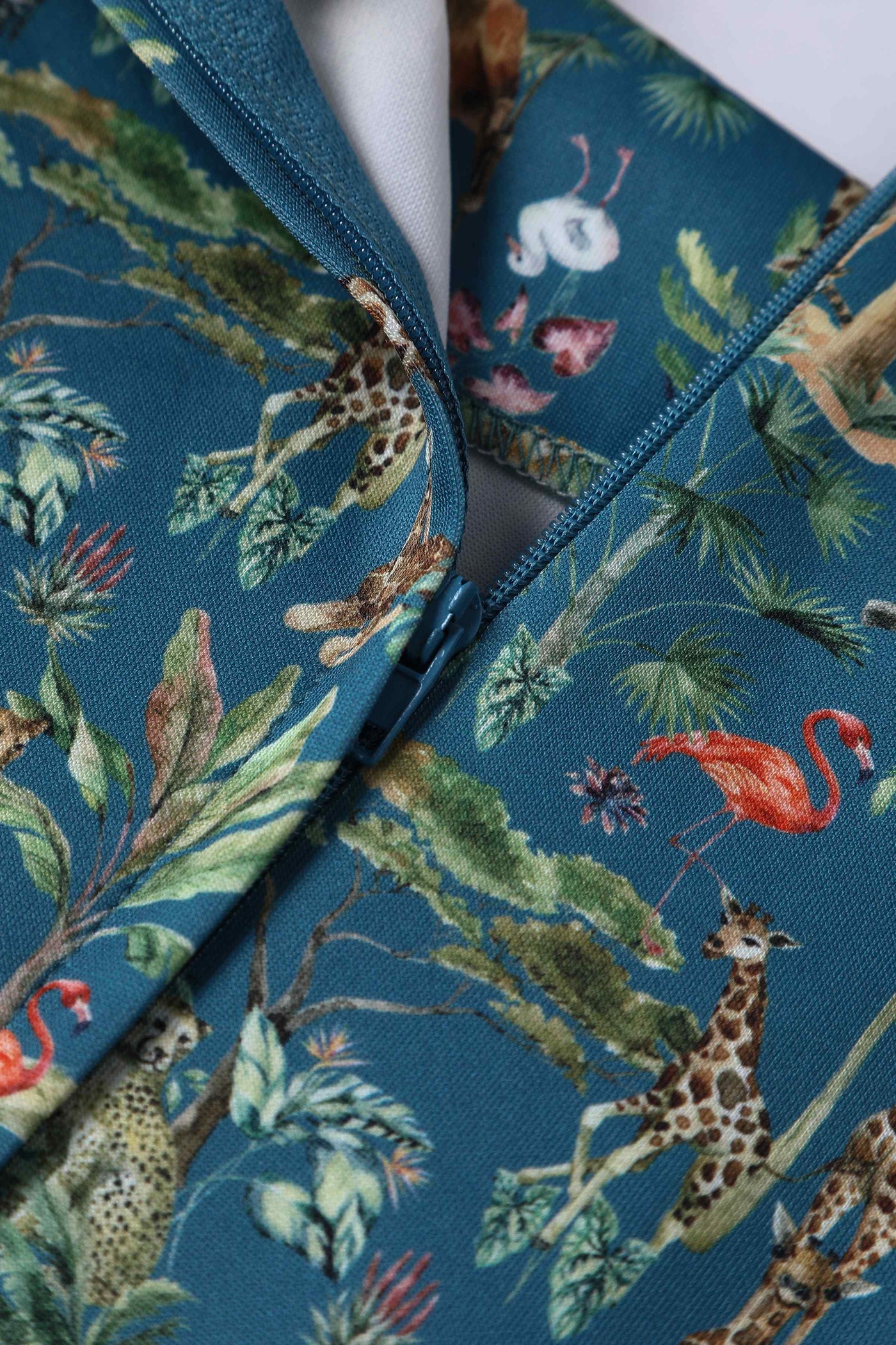 Close up view of Safari Animal Blue Box Pleated Dress