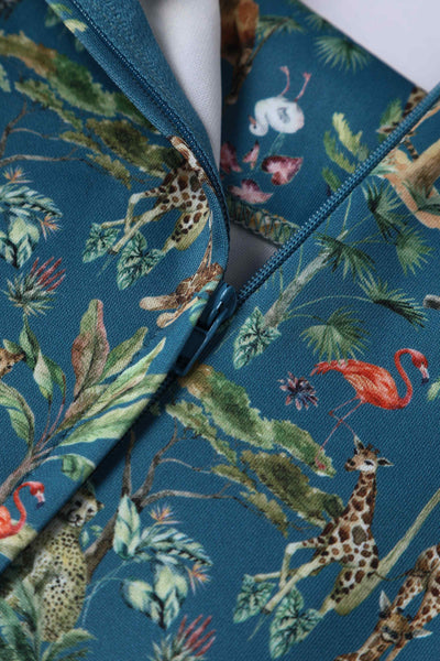 Close up view of Safari Animal Blue Box Pleated Dress