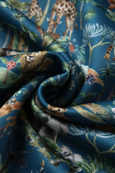 Close up view of Safari Animal Blue Box Pleated Dress