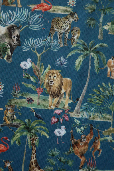 Close up view of Safari Animal Blue Box Pleated Dress