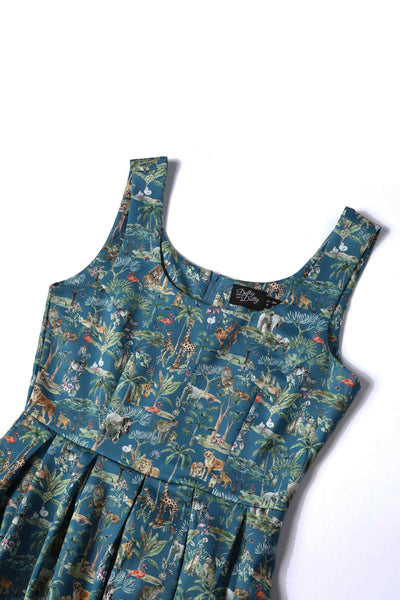 Close up view of Safari Animal Blue Box Pleated Dress