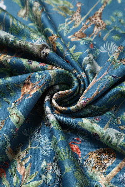 Close up View of Safari Animal Blue Long Sleeved Dress
