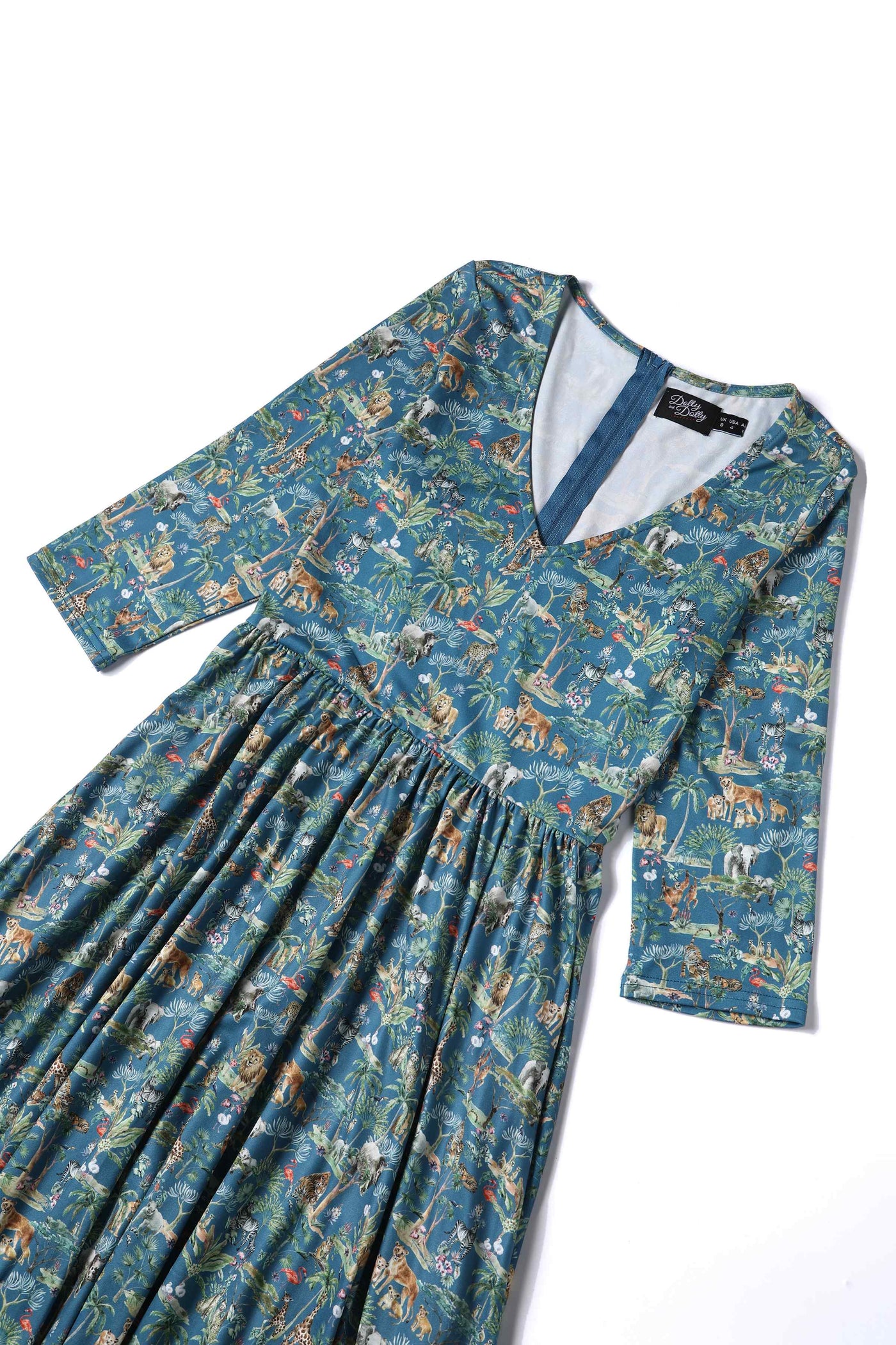 Close up View of Safari Animal Blue Long Sleeved Dress