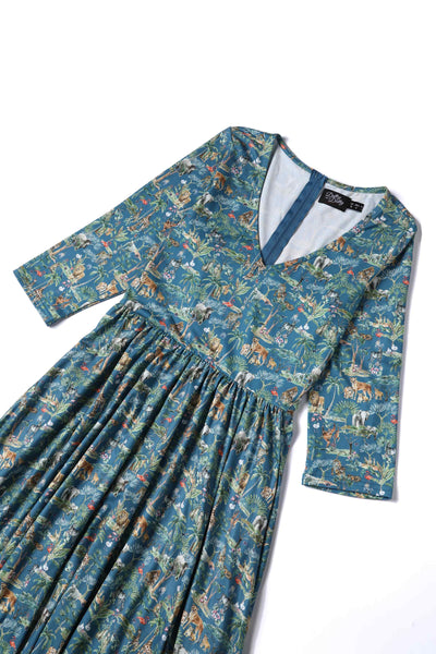 Close up View of Safari Animal Blue Long Sleeved Dress