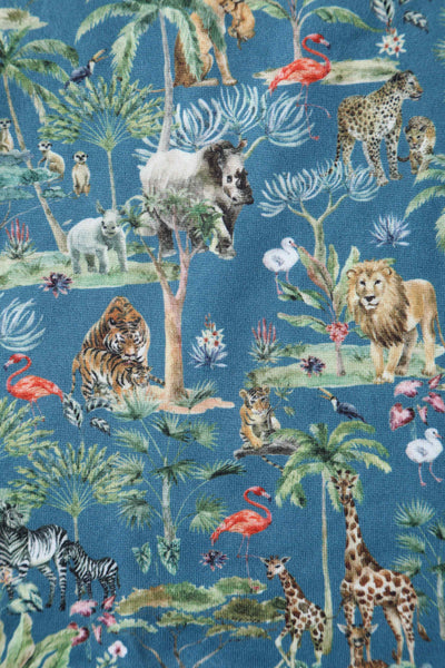 Close up View of Safari Animal Blue Long Sleeved Dress