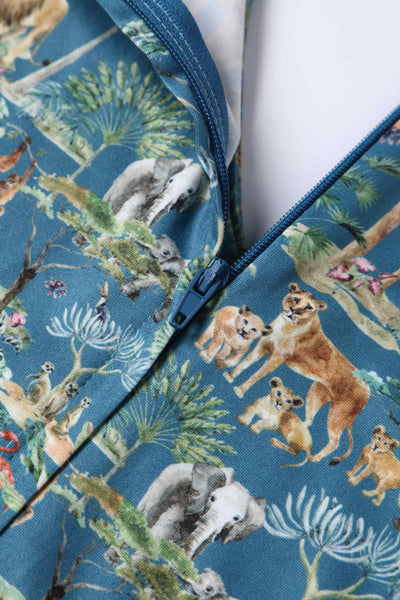 Close up View of Safari Animal Blue Long Sleeved Dress