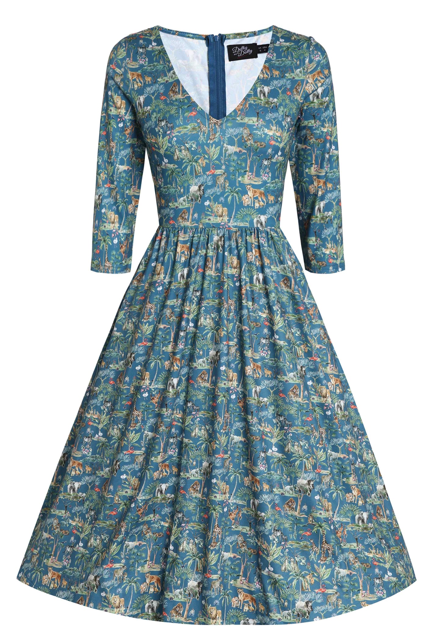 Front View of Safari Animal Blue Long Sleeved Dress