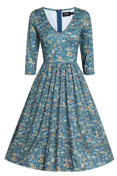Front View of Safari Animal Blue Long Sleeved Dress