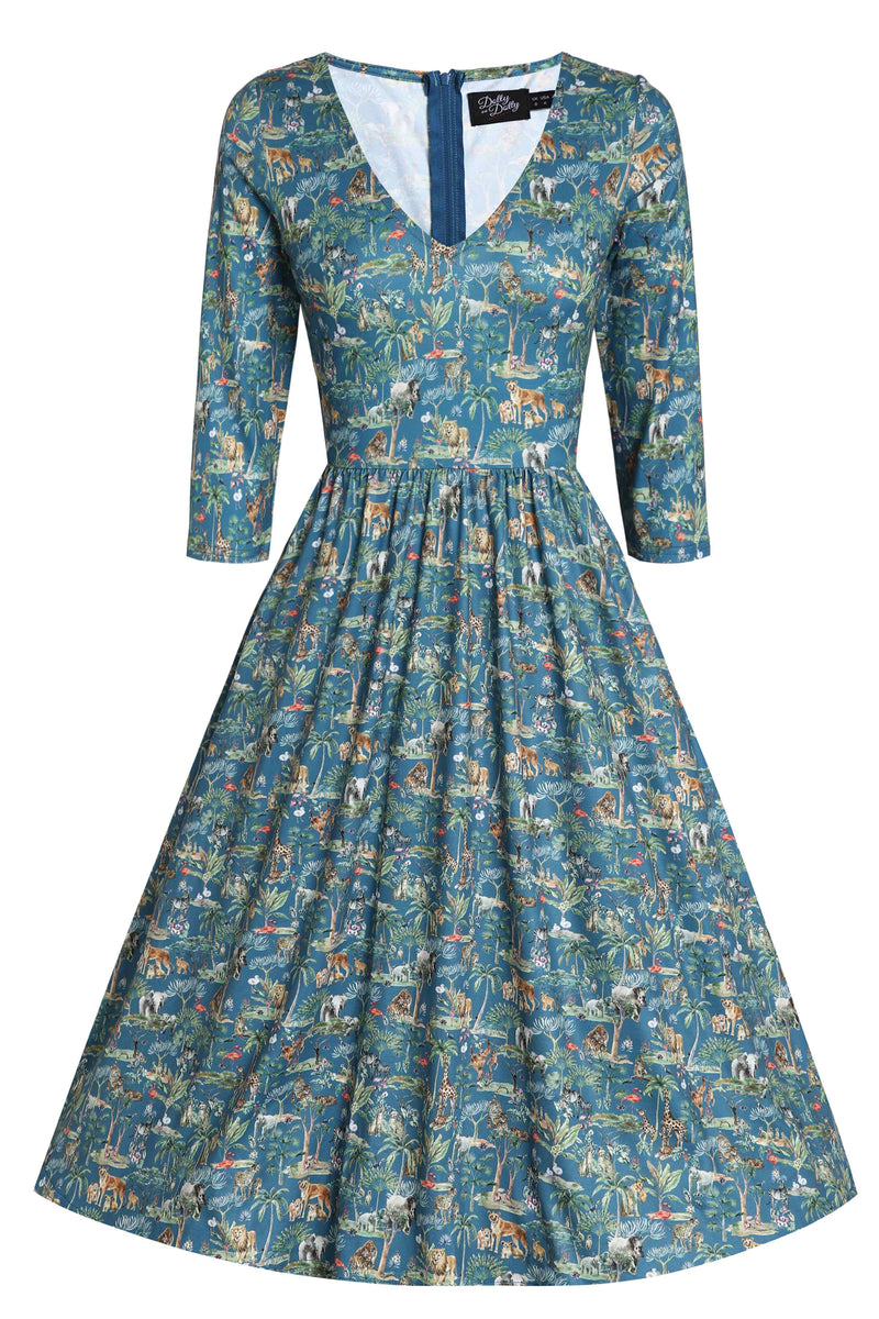 Front View of Safari Animal Blue Long Sleeved Dress