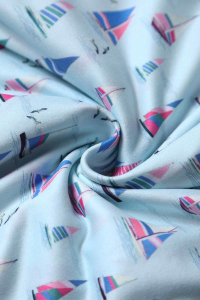 Close up view of Sailboat Blue Wrap Dress