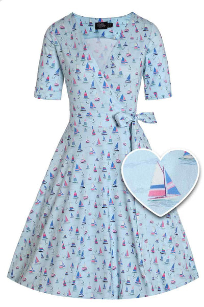Front view of Sailboat Blue Wrap Dress