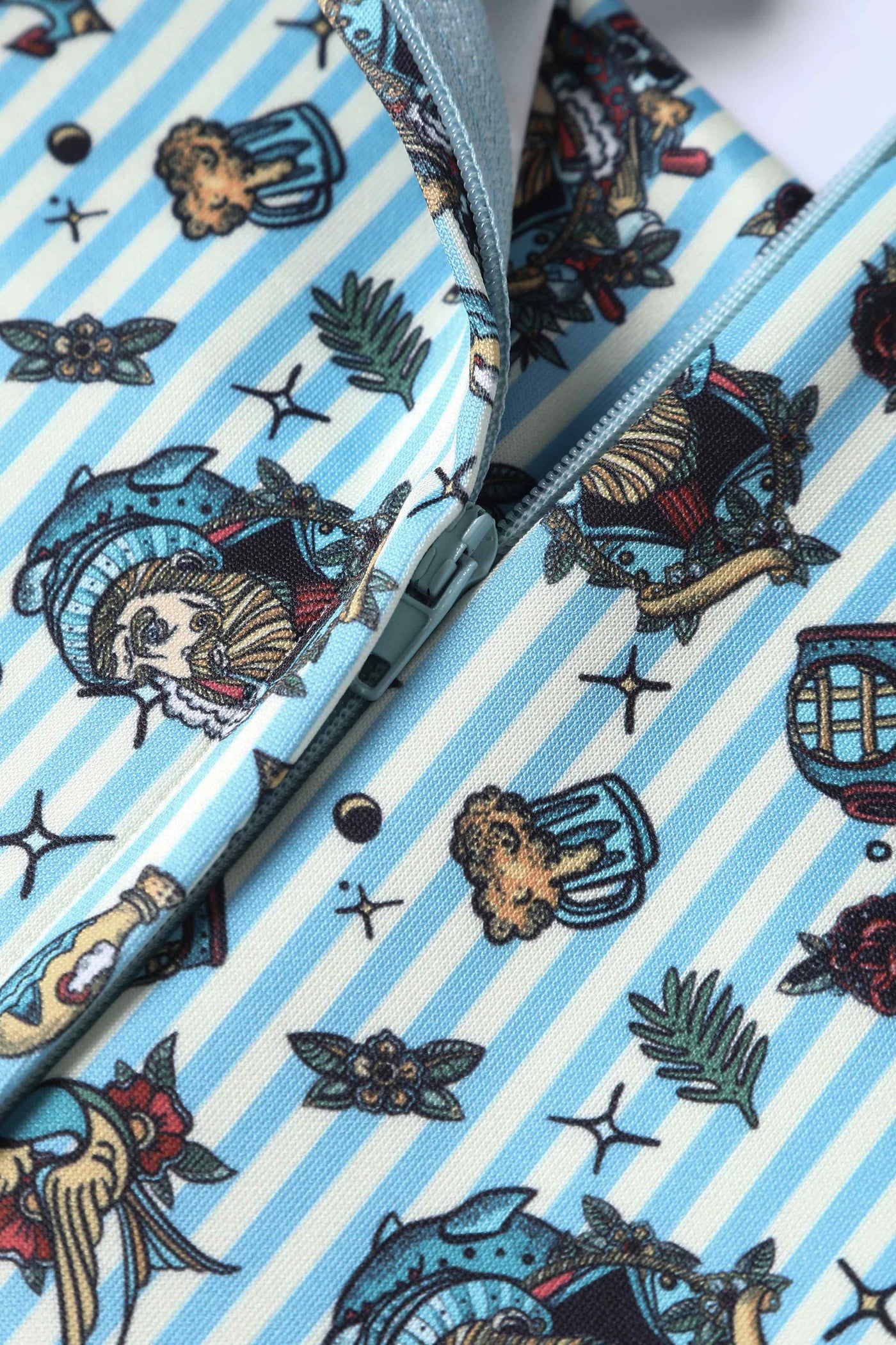 Close up view of Blue Striped Flared Dress in Nautical Print