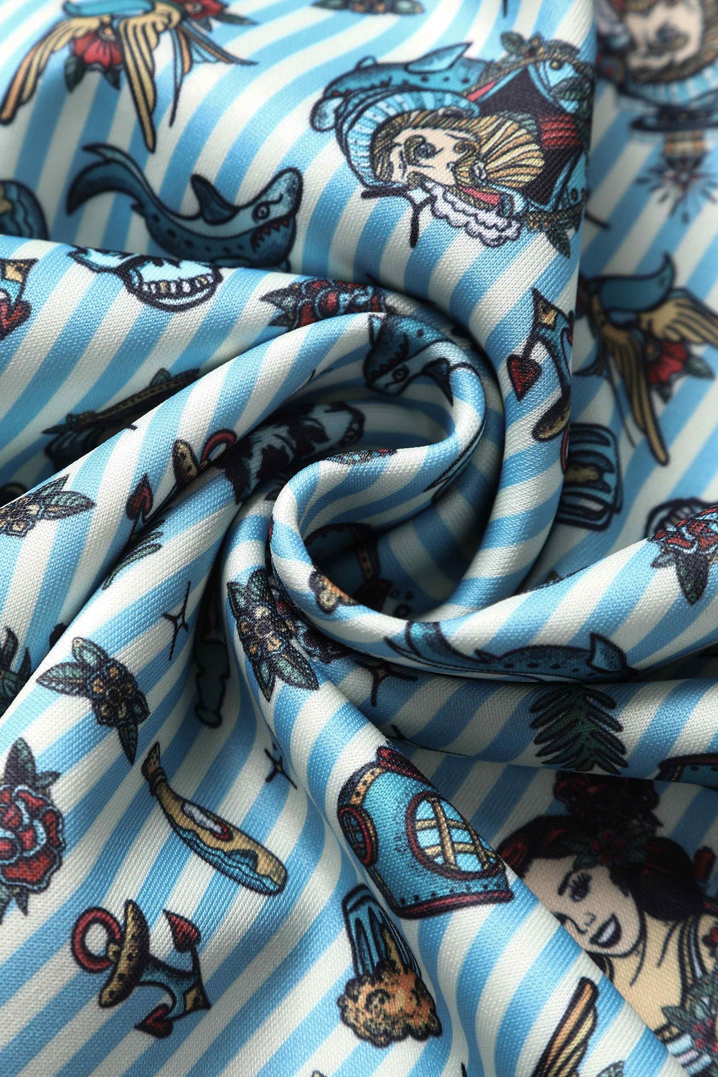 Close up view of Blue Striped Flared Dress in Nautical Print