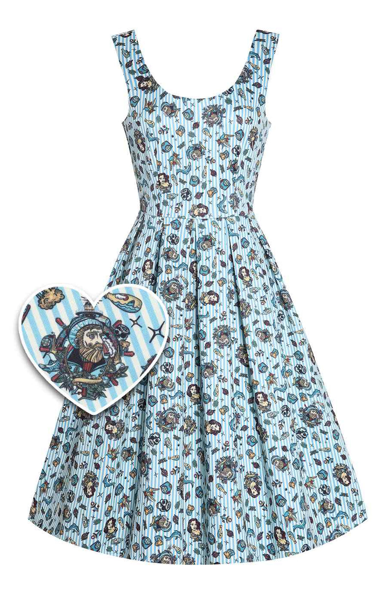 Front view of Blue Striped Flared Dress in Nautical Print