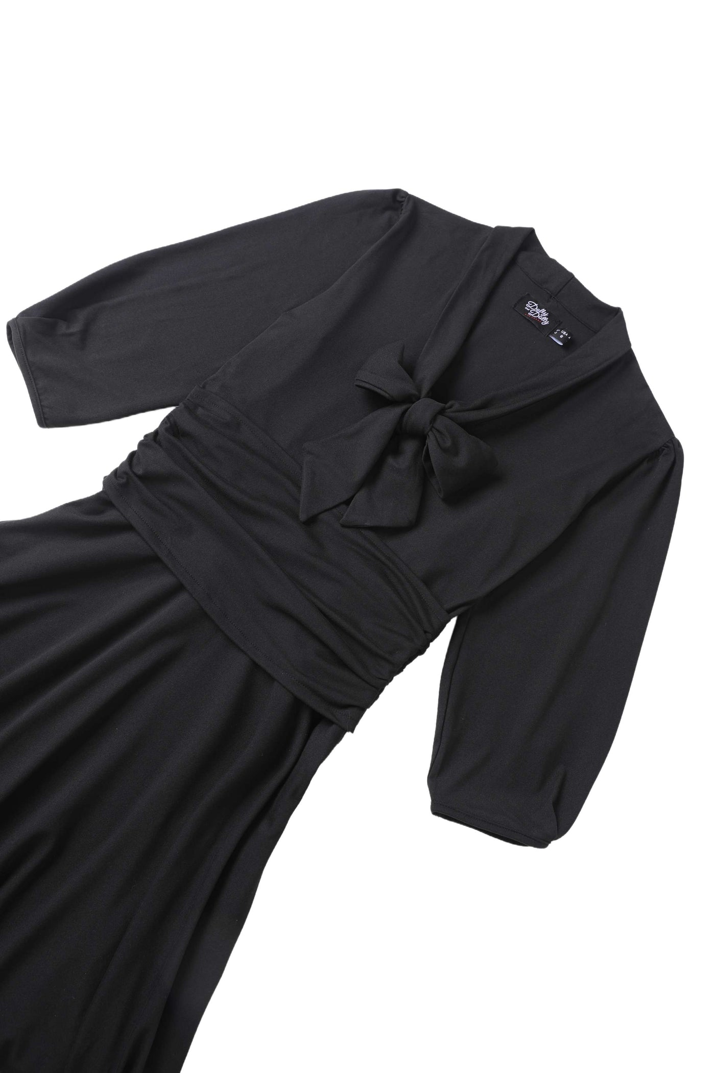close up view the top of Sandra Black Bow Tie Casual Dress