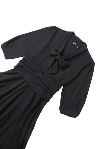 close up view the top of Sandra Black Bow Tie Casual Dress