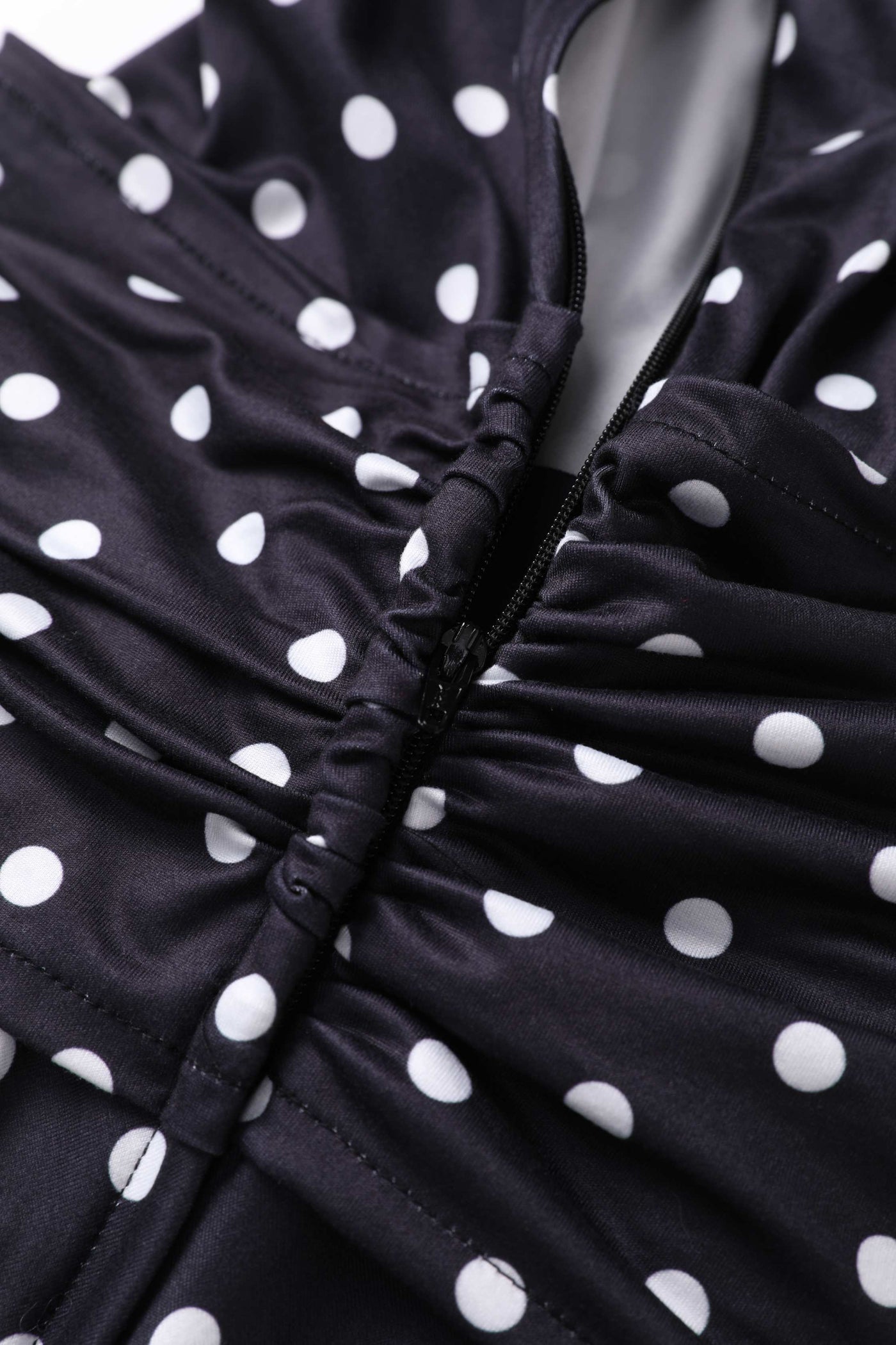 Zipper of Sandra Bow Tie Casual Dress In Black Polka Dots