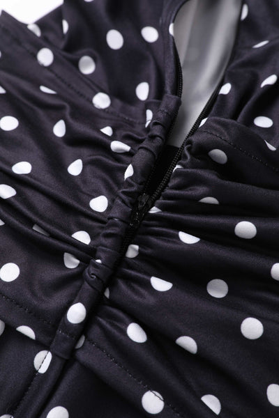 Zipper of Sandra Bow Tie Casual Dress In Black Polka Dots