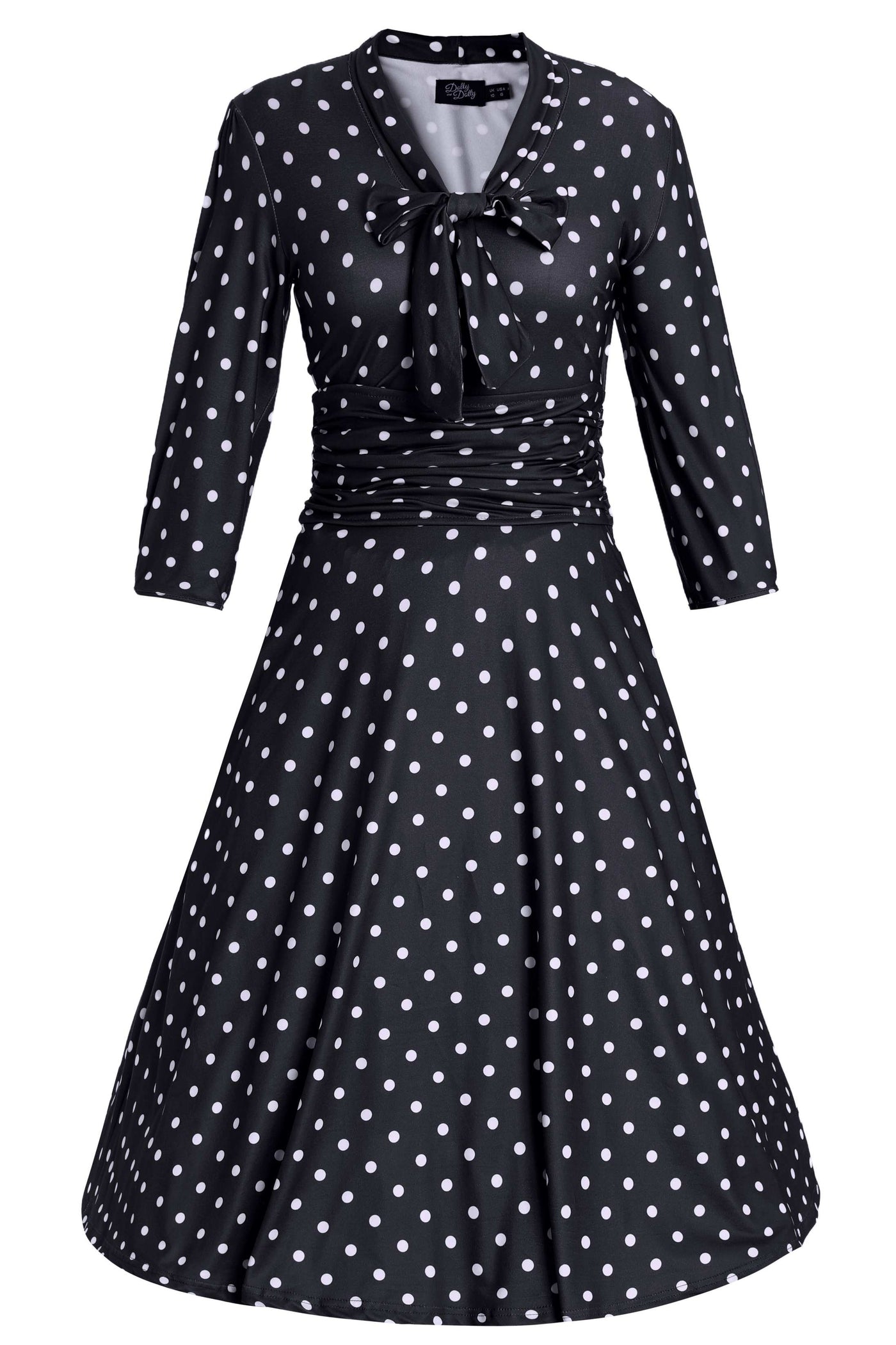 Front view of Sandra Bow Tie Casual Dress In Black Polka Dots