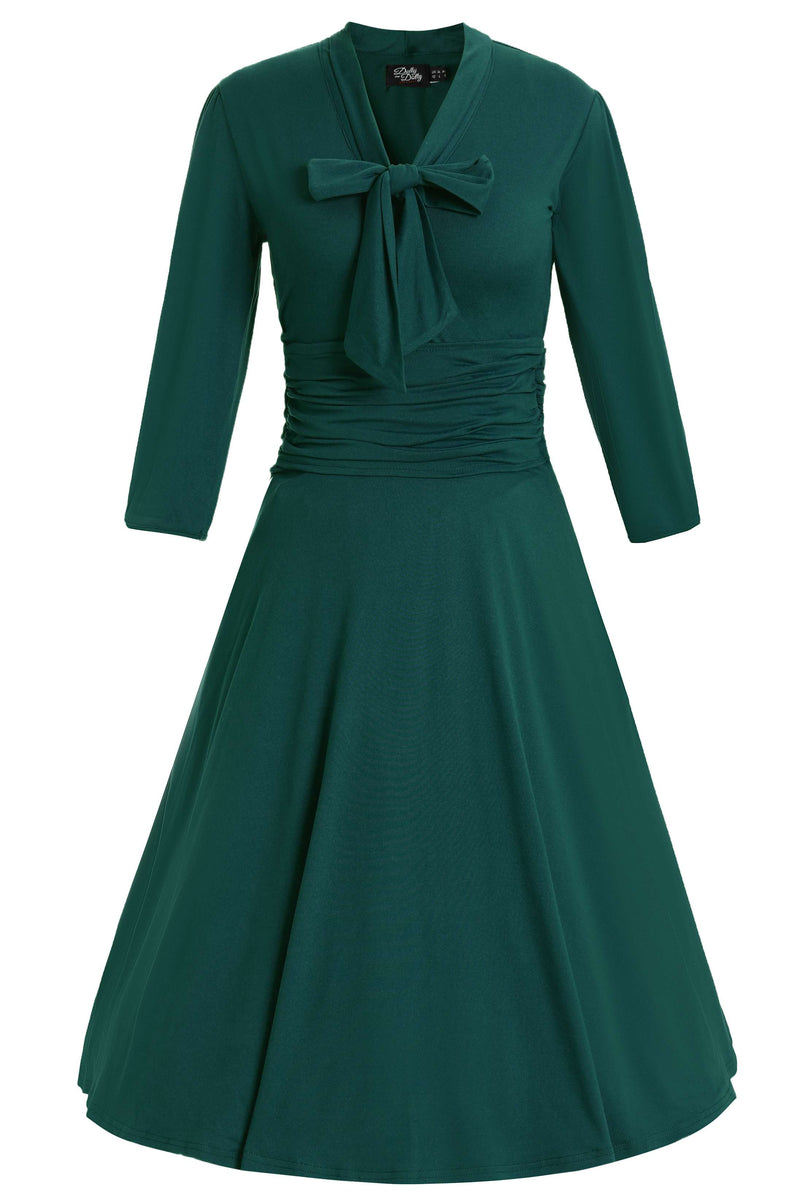 Front view of Sandra Bow Tie Casual Dress In Emerald Green