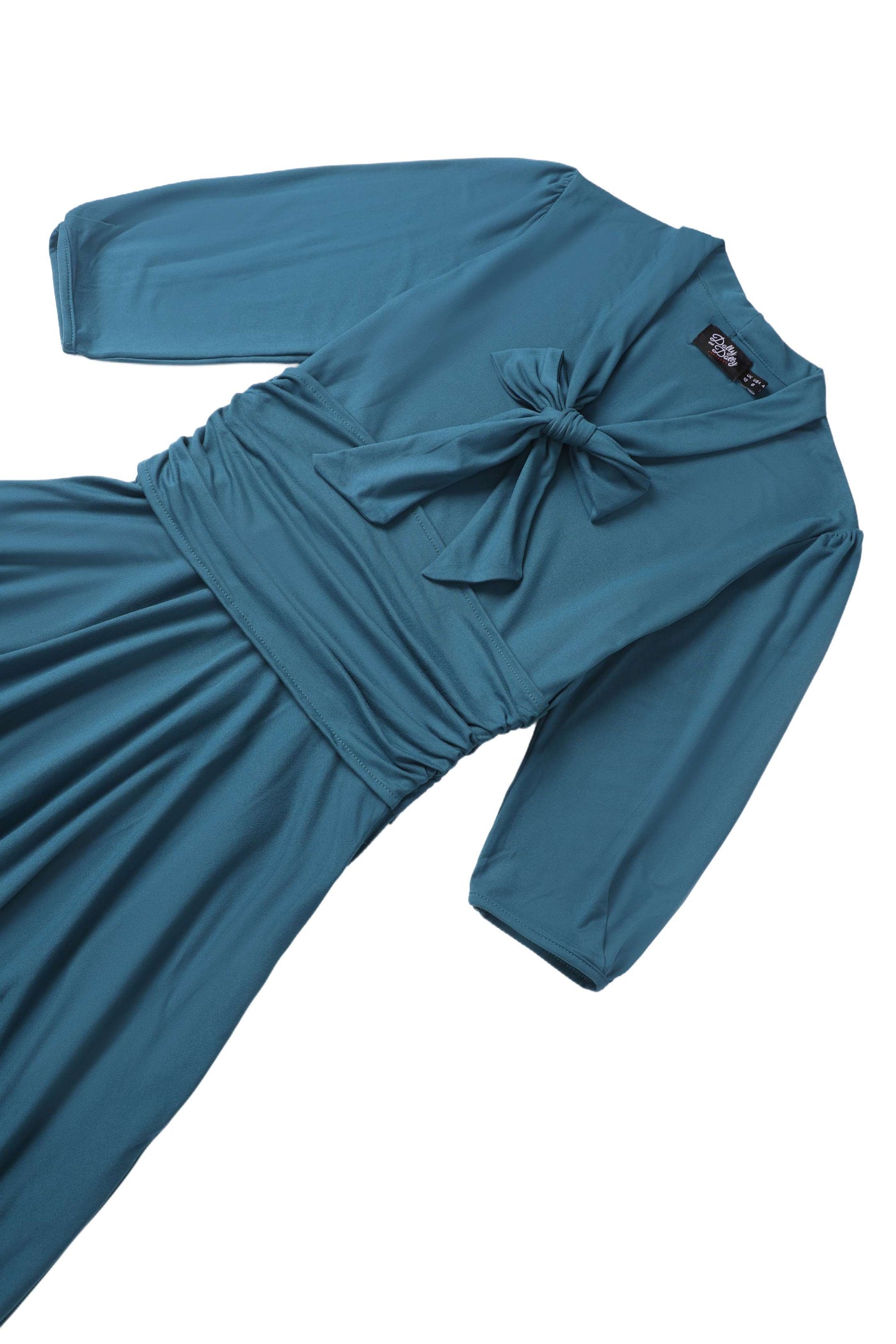 Close up view the top of Sandra Bow Tie Casual Dress In Peacock Blue