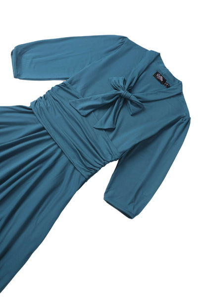 Close up view the top of Sandra Bow Tie Casual Dress In Peacock Blue