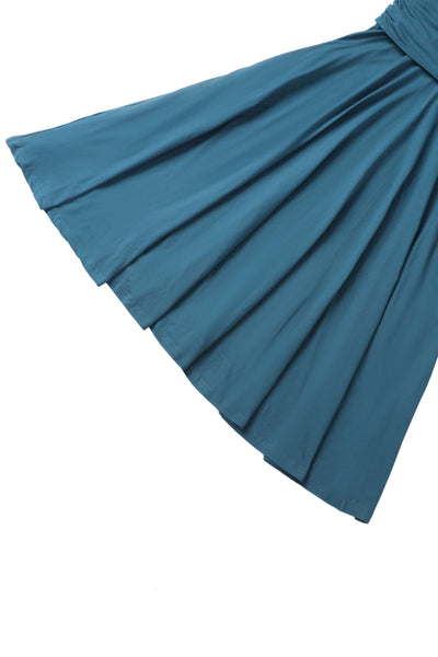 Close up view of Sandra Bow Tie Casual Dress In Peacock Blue