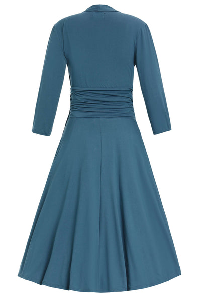 Back view of Sandra Bow Tie Casual Dress In Peacock Blue
