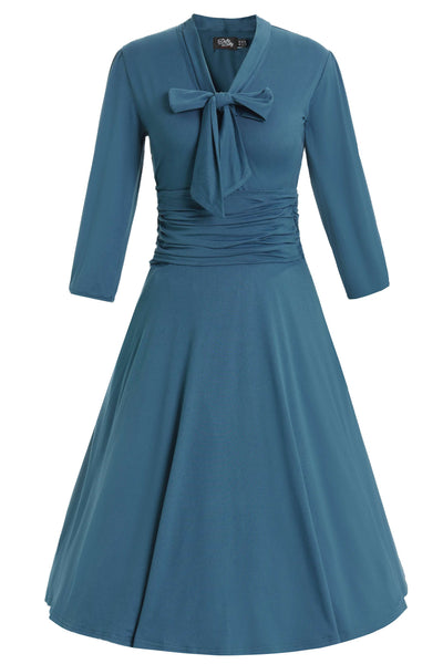 Front view of Sandra Bow Tie Casual Dress In Peacock Blue