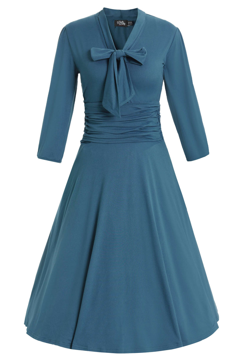 Front view of Sandra Bow Tie Casual Dress In Peacock Blue