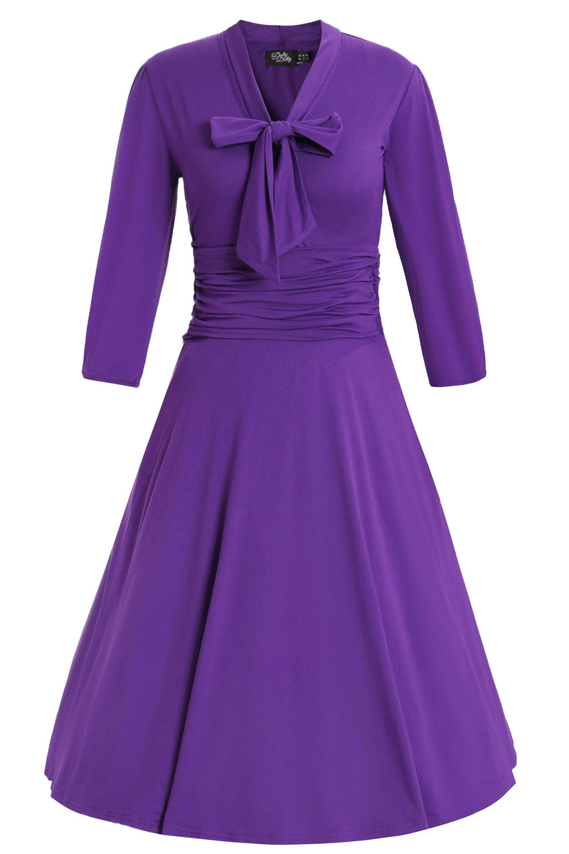 Front view of Sandra Bow Tie Casual Dress In Purple
