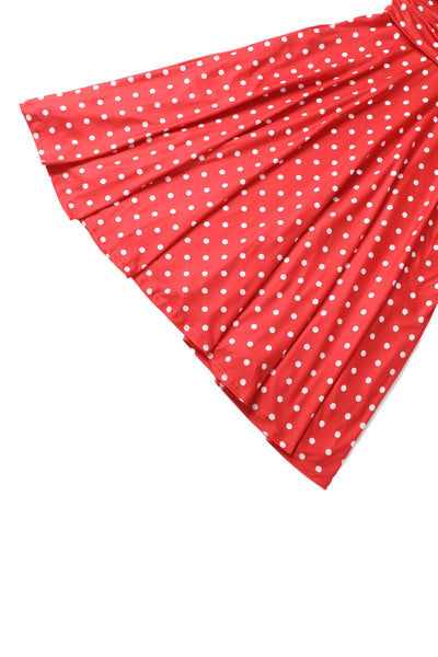 Close up view of Sandra Bow Tie Casual Dress In Red Polka Dots