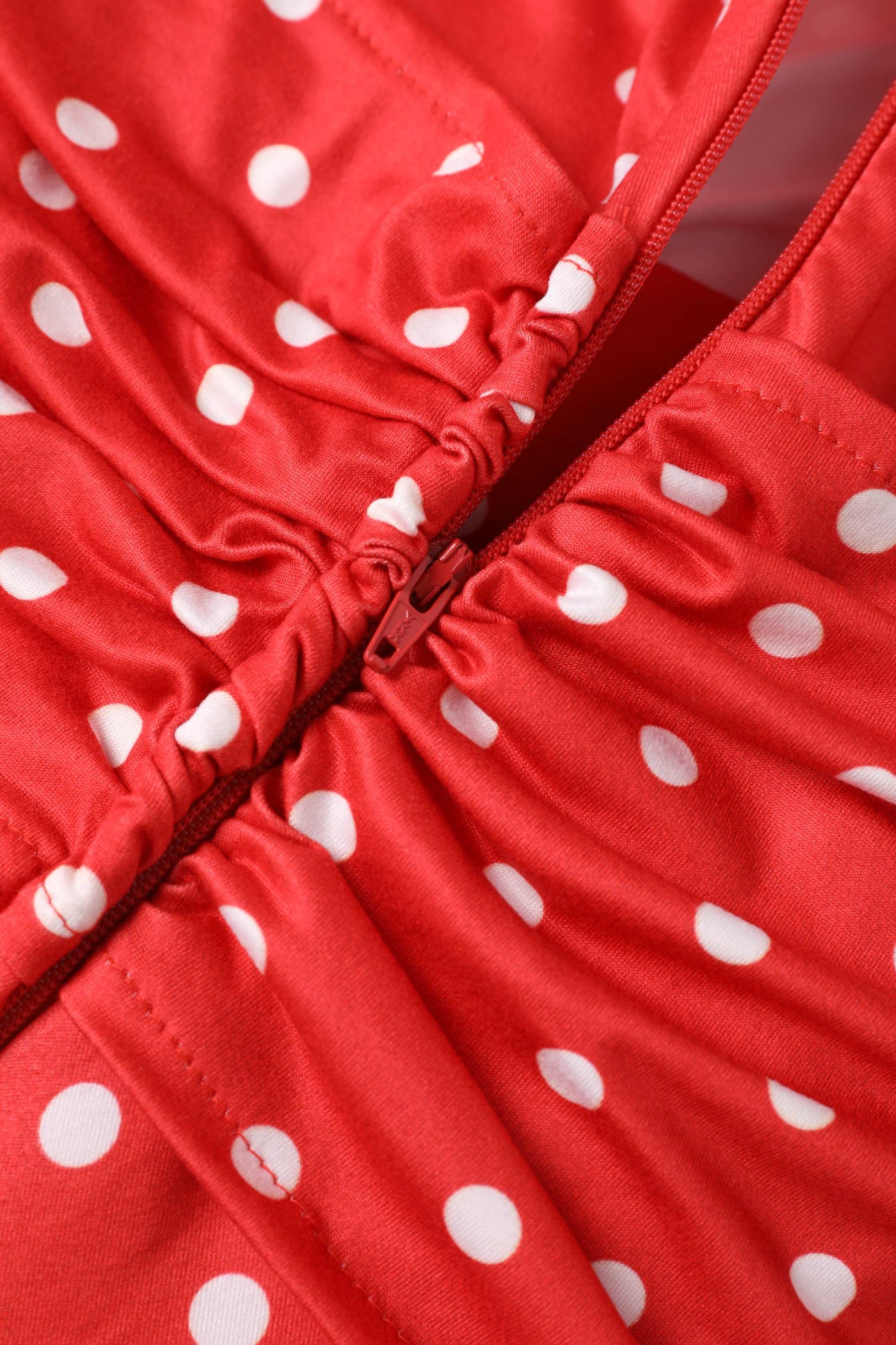 Zipper of Sandra Bow Tie Casual Dress In Red Polka Dots