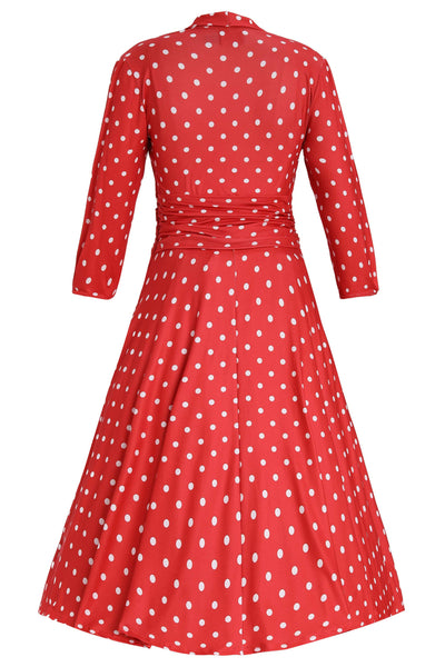 Back view of Sandra Bow Tie Casual Dress In Red Polka Dots