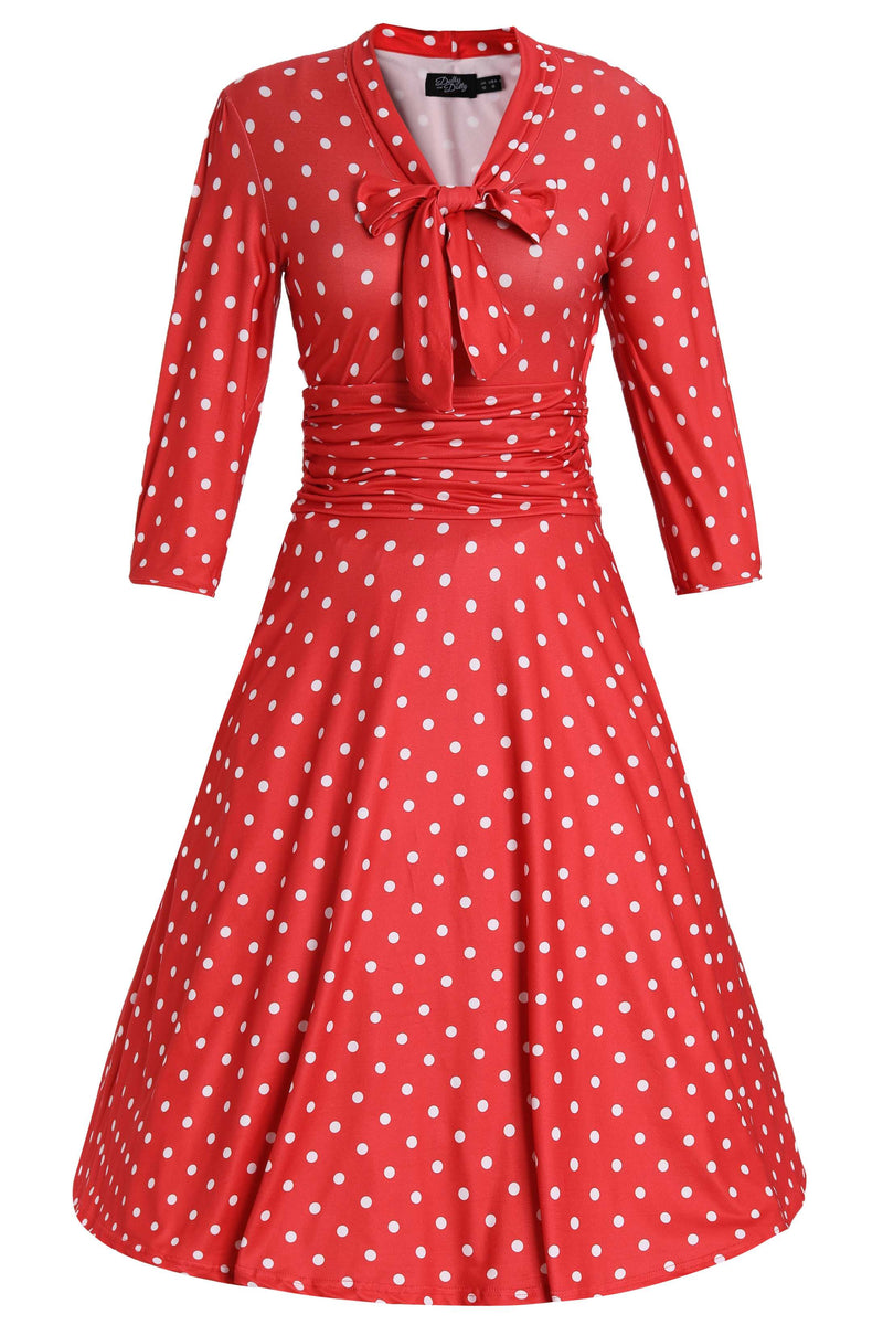 Front view of Sandra Bow Tie Casual Dress In Red Polka Dots